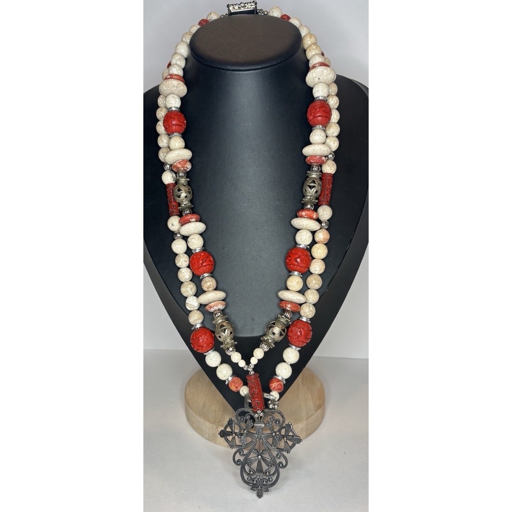 Vintage Cinnabar Stone Bead Filigree Cross Pendant Tribal Necklace 23" Statement